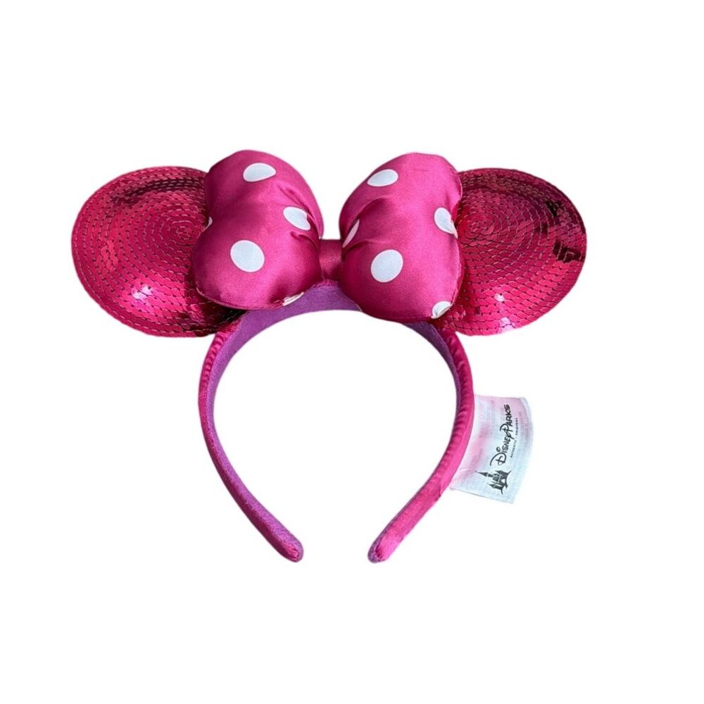 Disney Parks Hot Pink Sequined Ears headband with Puffy Bow Minnie Mouse